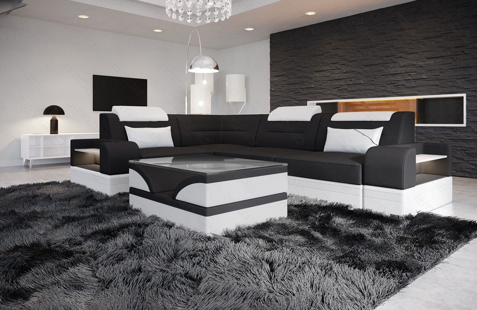 Couch Trivento L-Form in Stoff Kurz Schwarz-Weiß