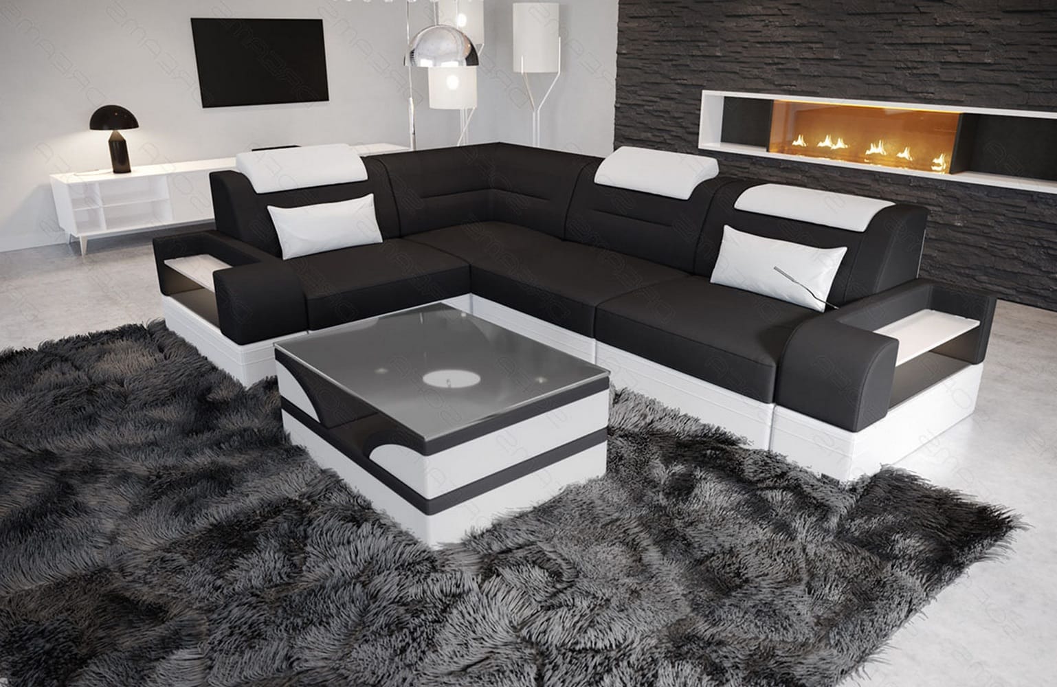 Couch Trivento L-Form in Stoff Kurz Schwarz-Weiß