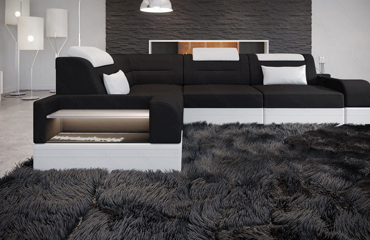 Couch Trivento L-Form in Stoff Kurz Schwarz-Weiß