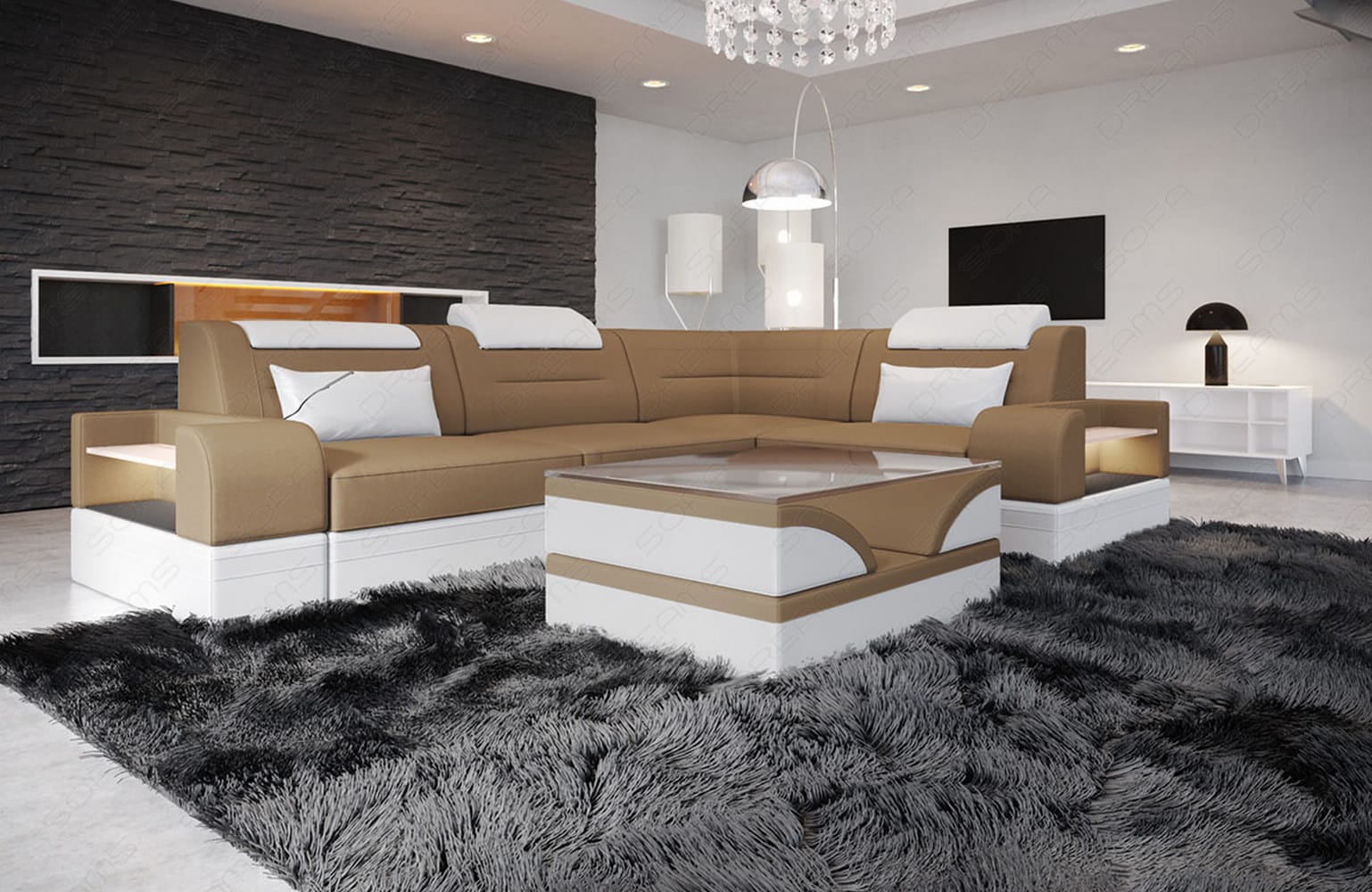 Couch Trivento L Form in Stoff Kurz cappuccino-weiß