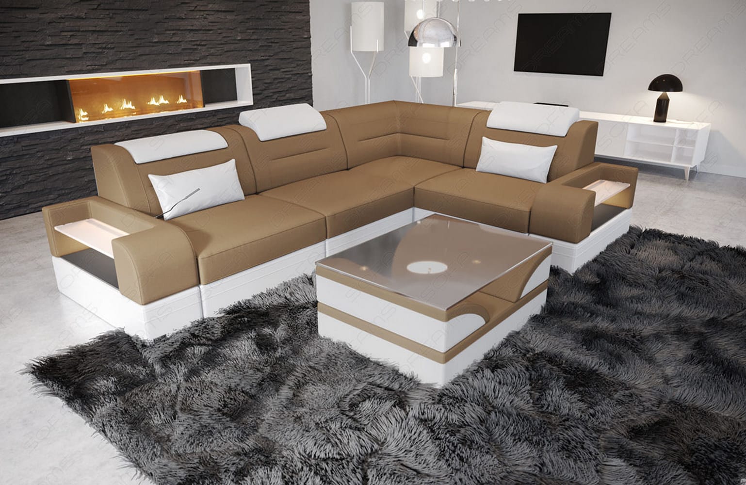 Couch Trivento L Form in Stoff Kurz cappuccino-weiß