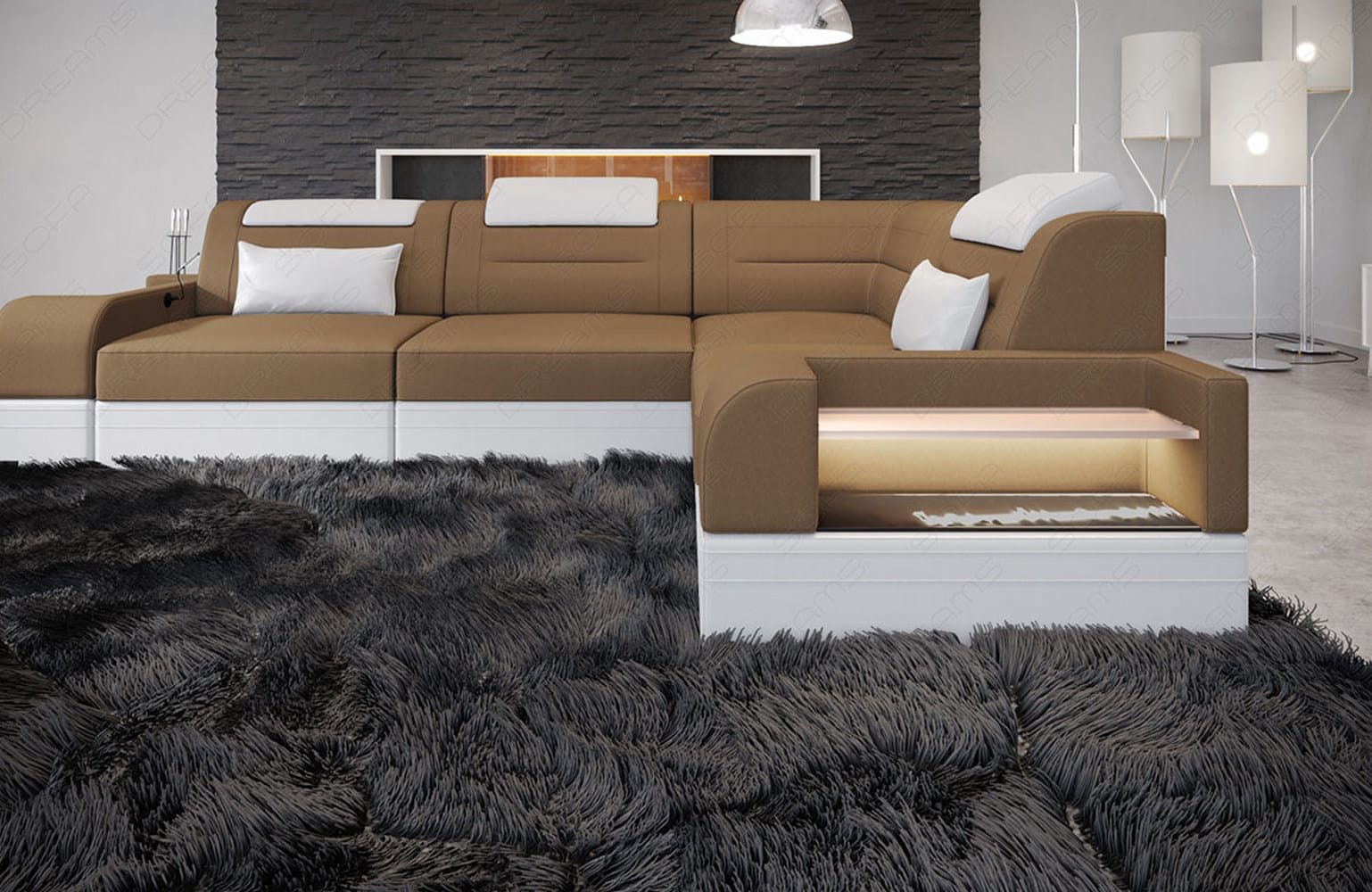 Couch Trivento L Form in Stoff Kurz cappuccino-weiß