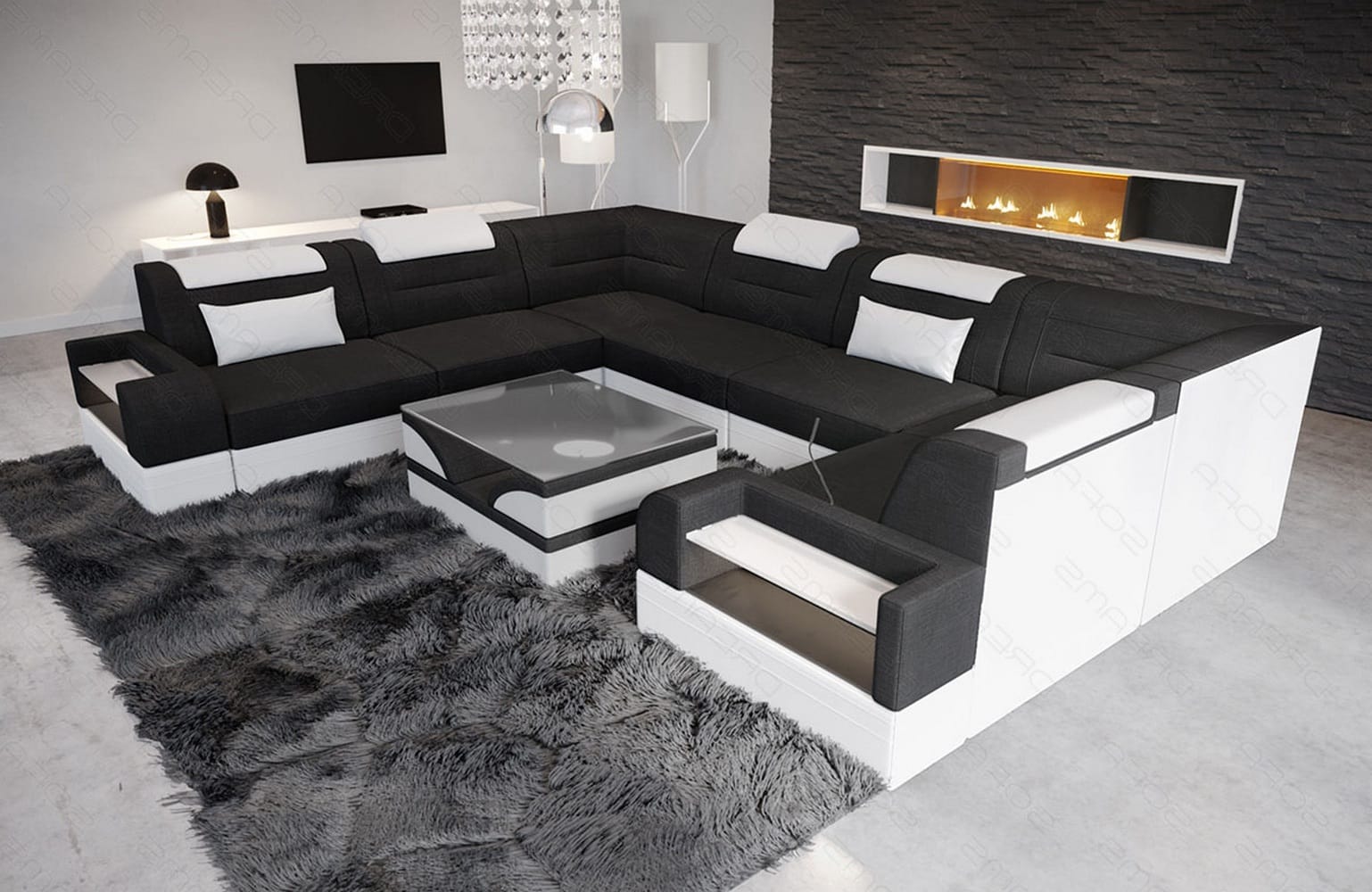 Wohnlandschaft Trivento U-Form aus Stoff Schwarz-Weiß
