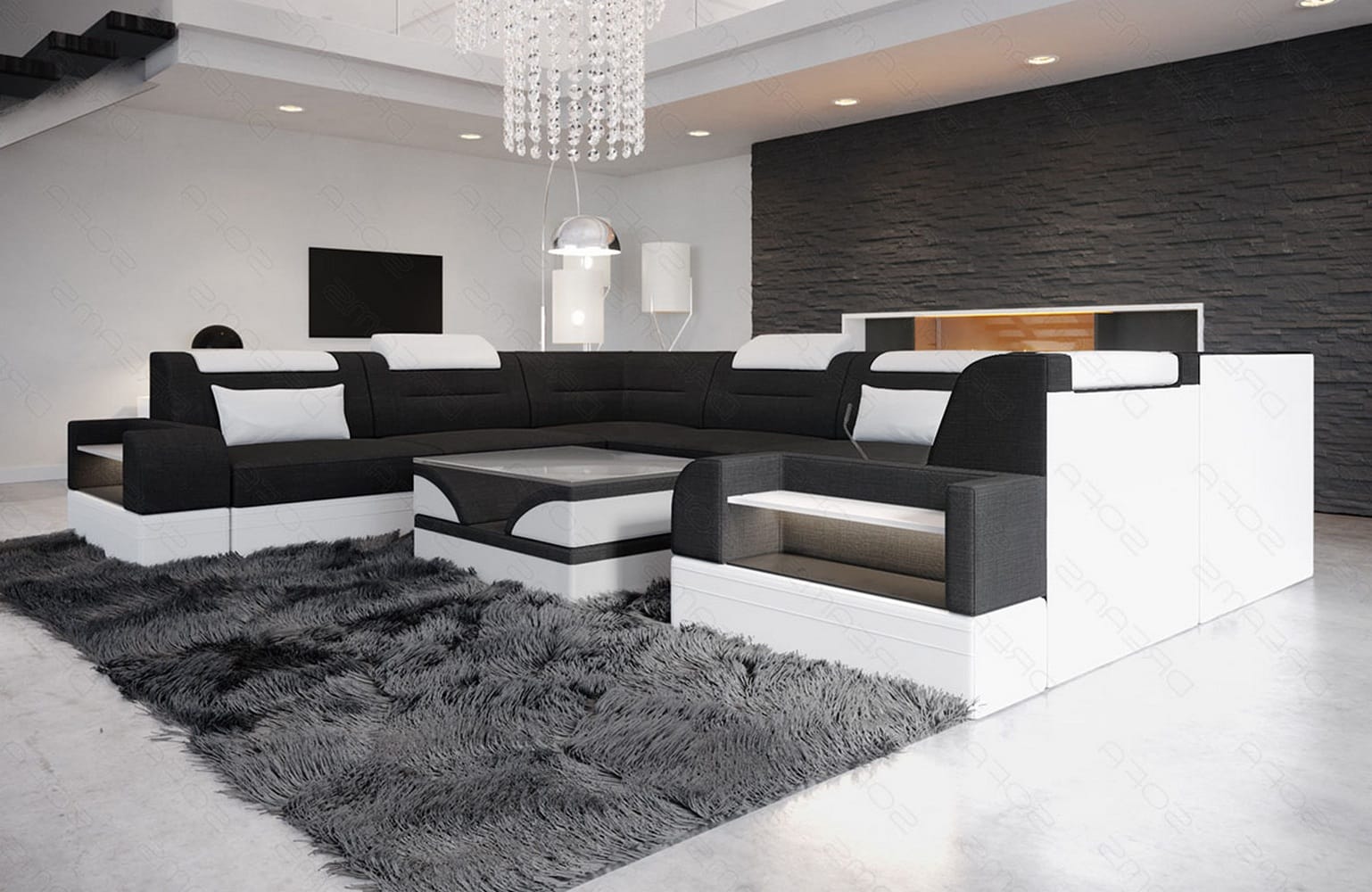 Wohnlandschaft Trivento U-Form aus Stoff Schwarz-Weiß