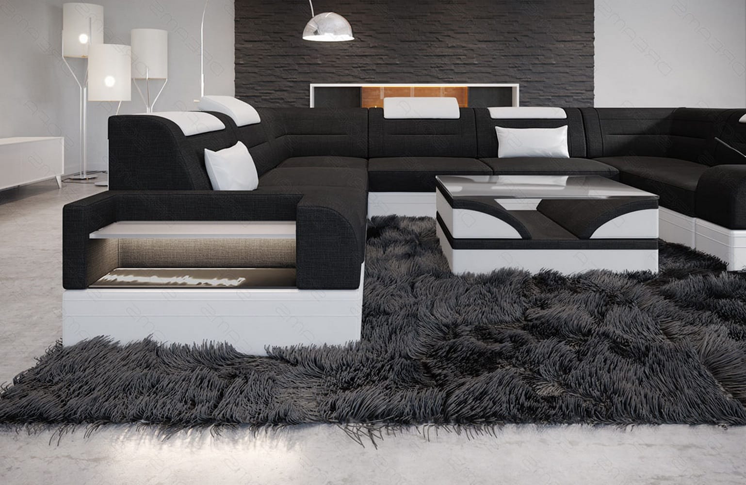 Wohnlandschaft Trivento U-Form aus Stoff Schwarz-Weiß