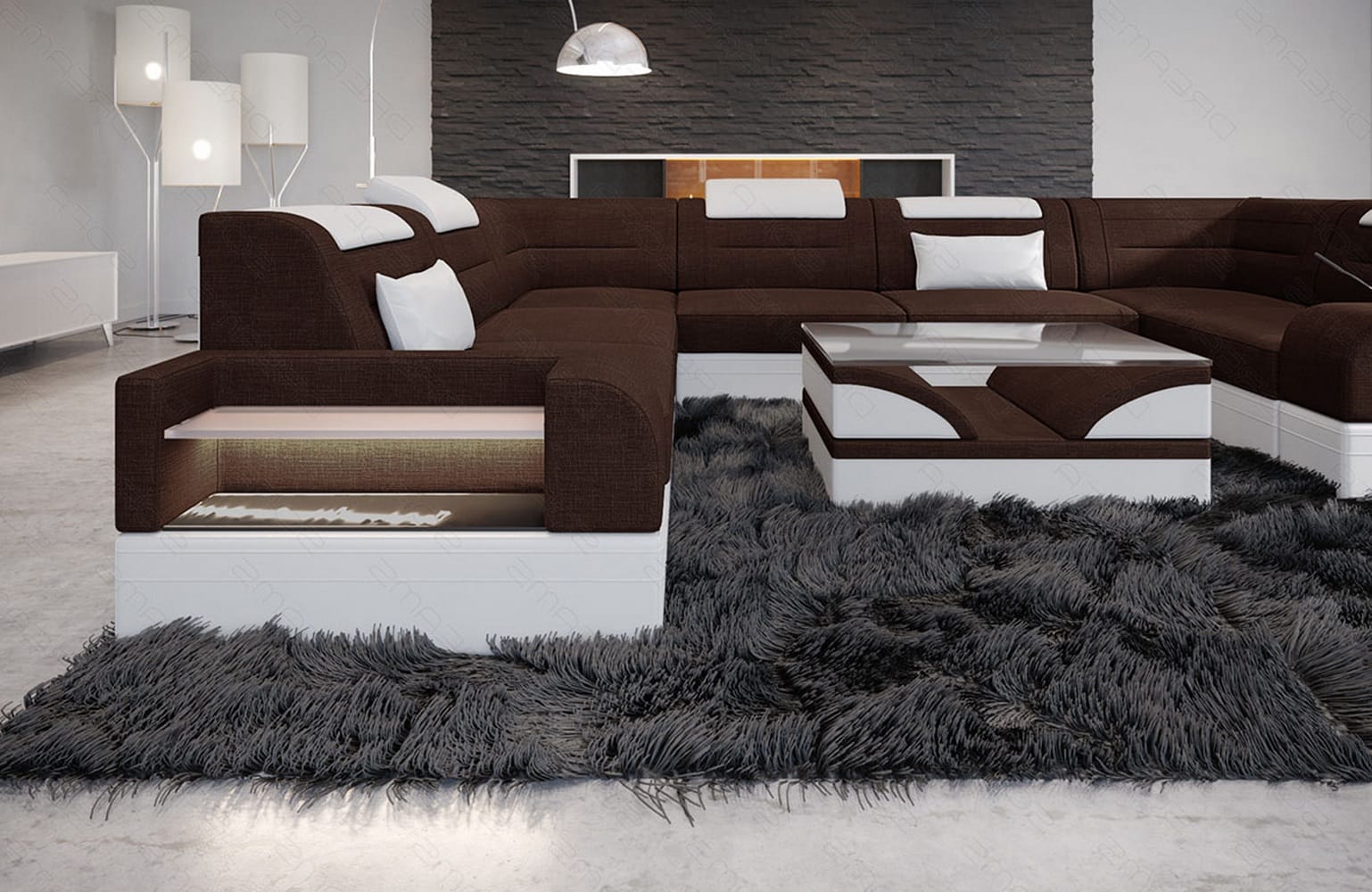 Wohnlandschaft Trivento U-Form aus Stoff braun-weiß