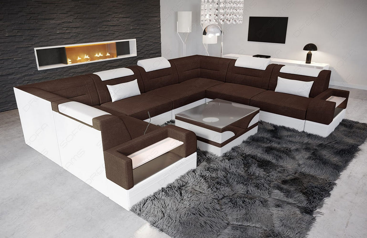 Wohnlandschaft Trivento U-Form aus Stoff Braun-Weiß