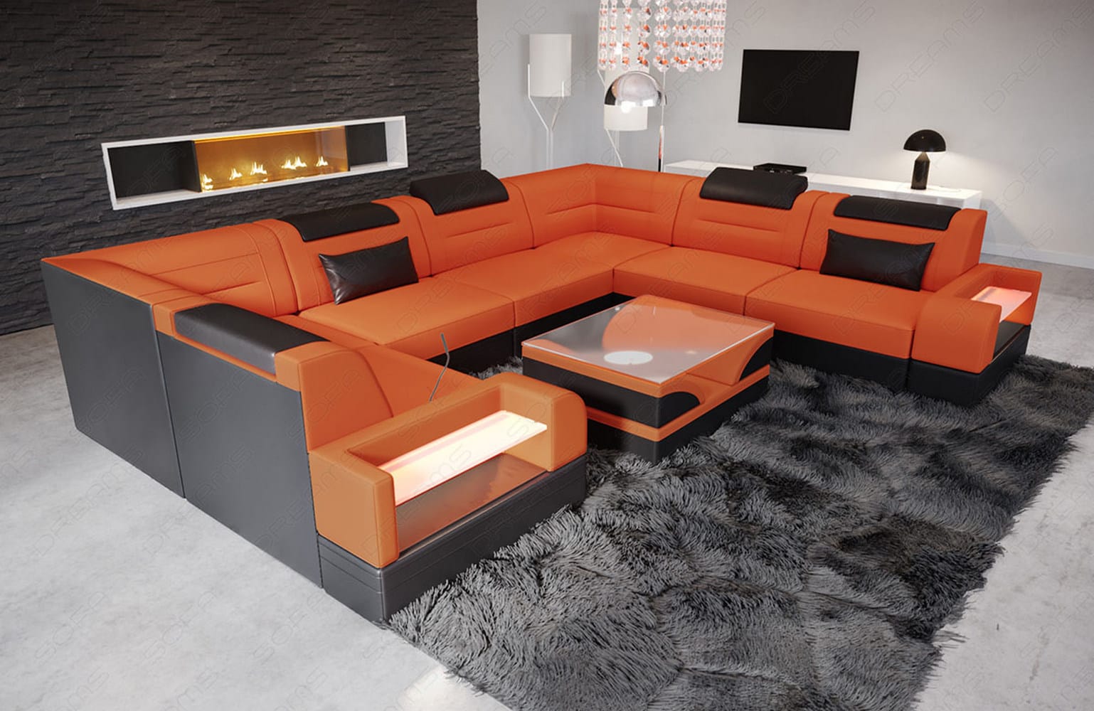 Wohnlandschaft Trivento U-Form aus Stoff Orange-Schwarz