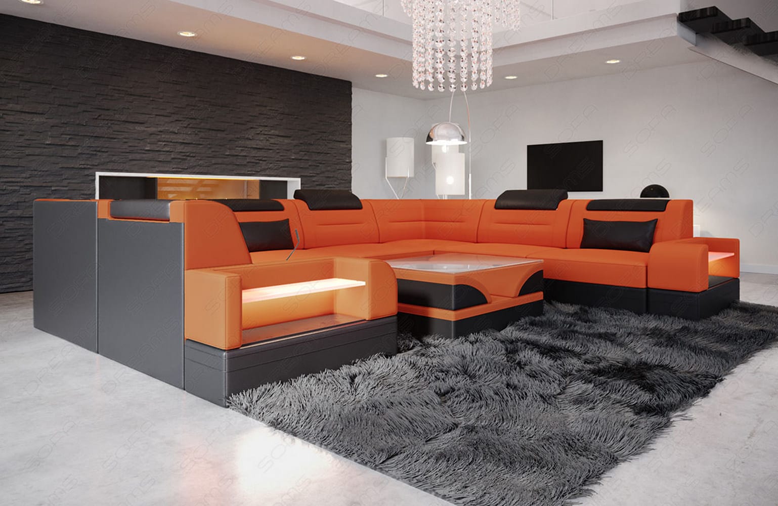 Wohnlandschaft Trivento U-Form aus Stoff Orange-Schwarz