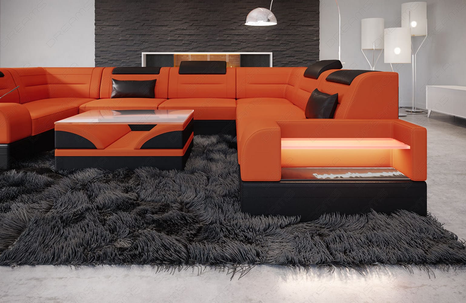 Wohnlandschaft Trivento U-Form aus Stoff Orange-Schwarz