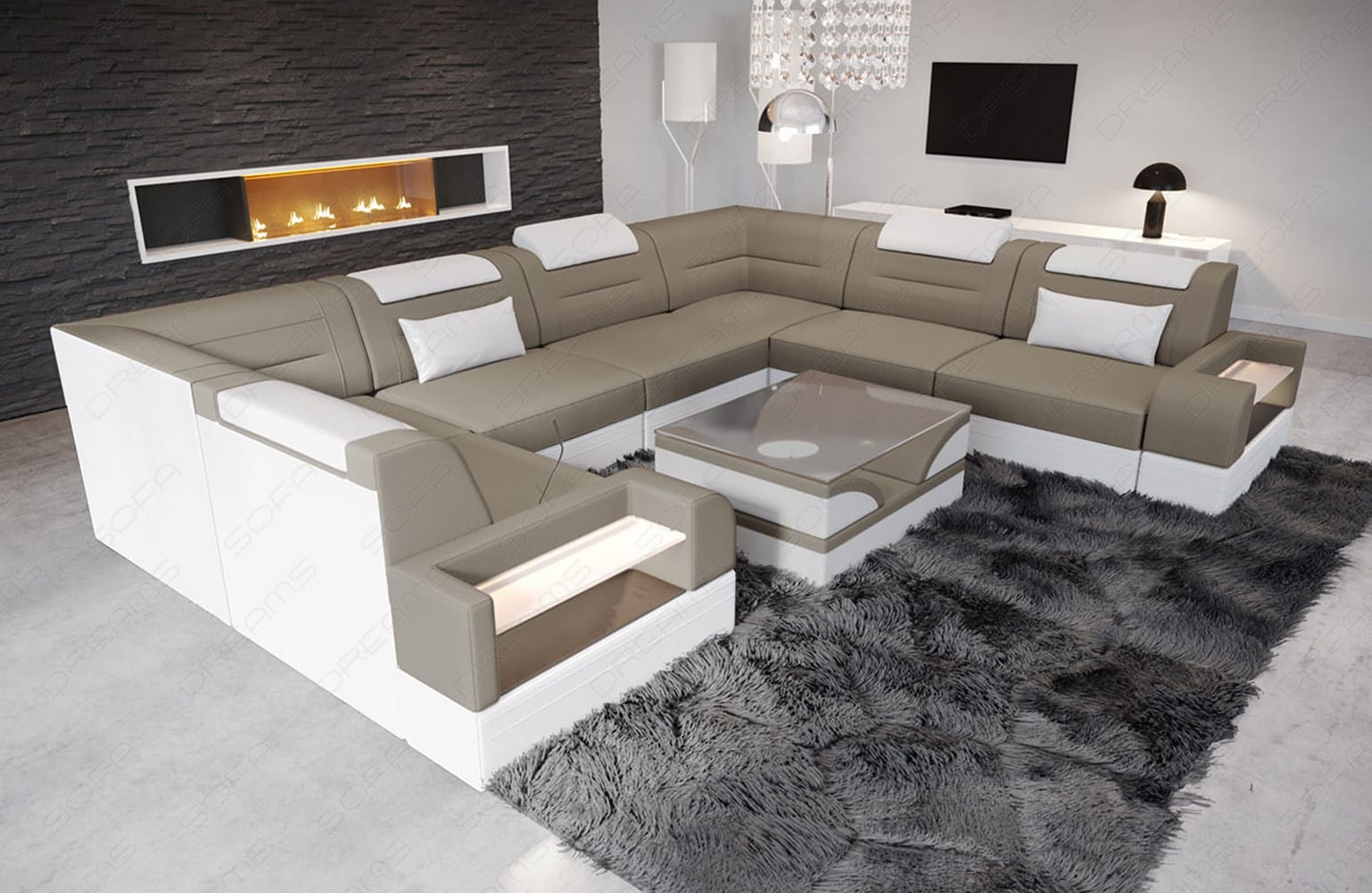 Wohnlandschaft Trivento U-Form aus Stoff Taupe-Weiß