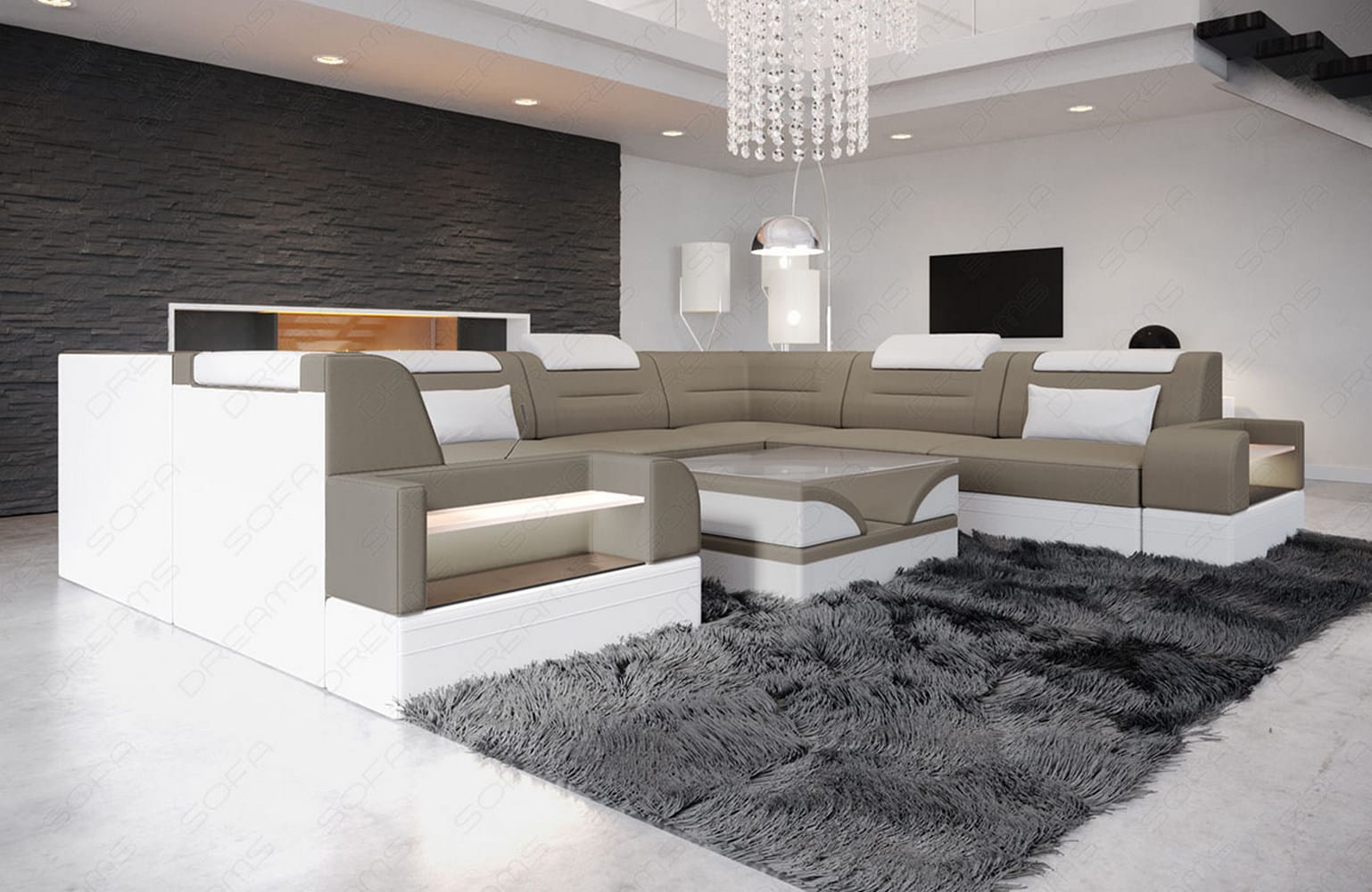 Wohnlandschaft Trivento U-Form aus Stoff Taupe-Weiß