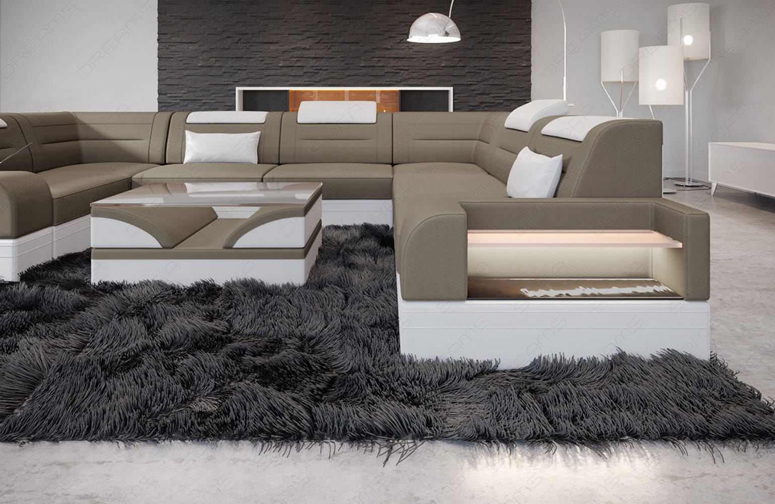 Wohnlandschaft Trivento U-Form aus Stoff Taupe-Weiß