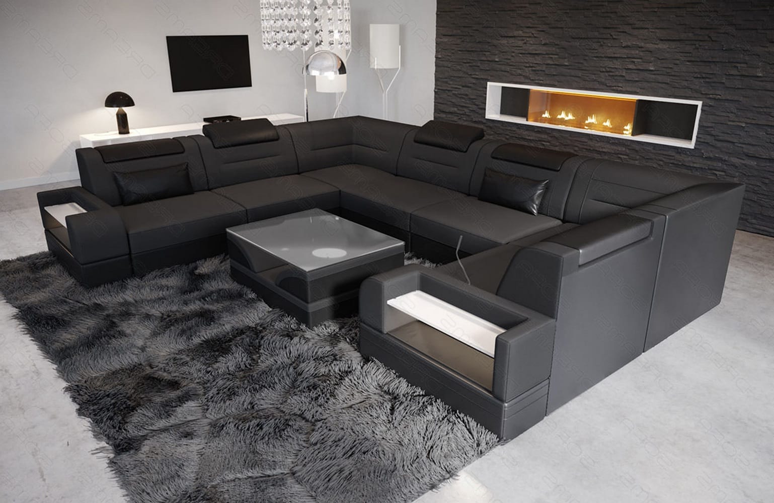 Wohnlandschaft Trivento U-Form aus Stoff Dunkelgrau-Schwarz