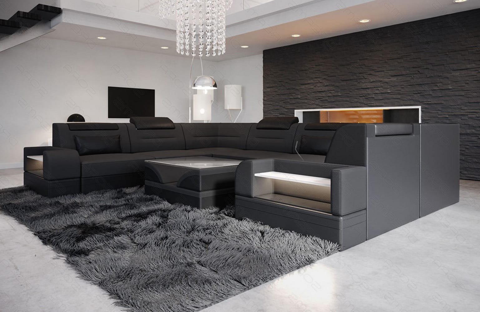 Wohnlandschaft Trivento U-Form aus Stoff Dunkelgrau-Schwarz