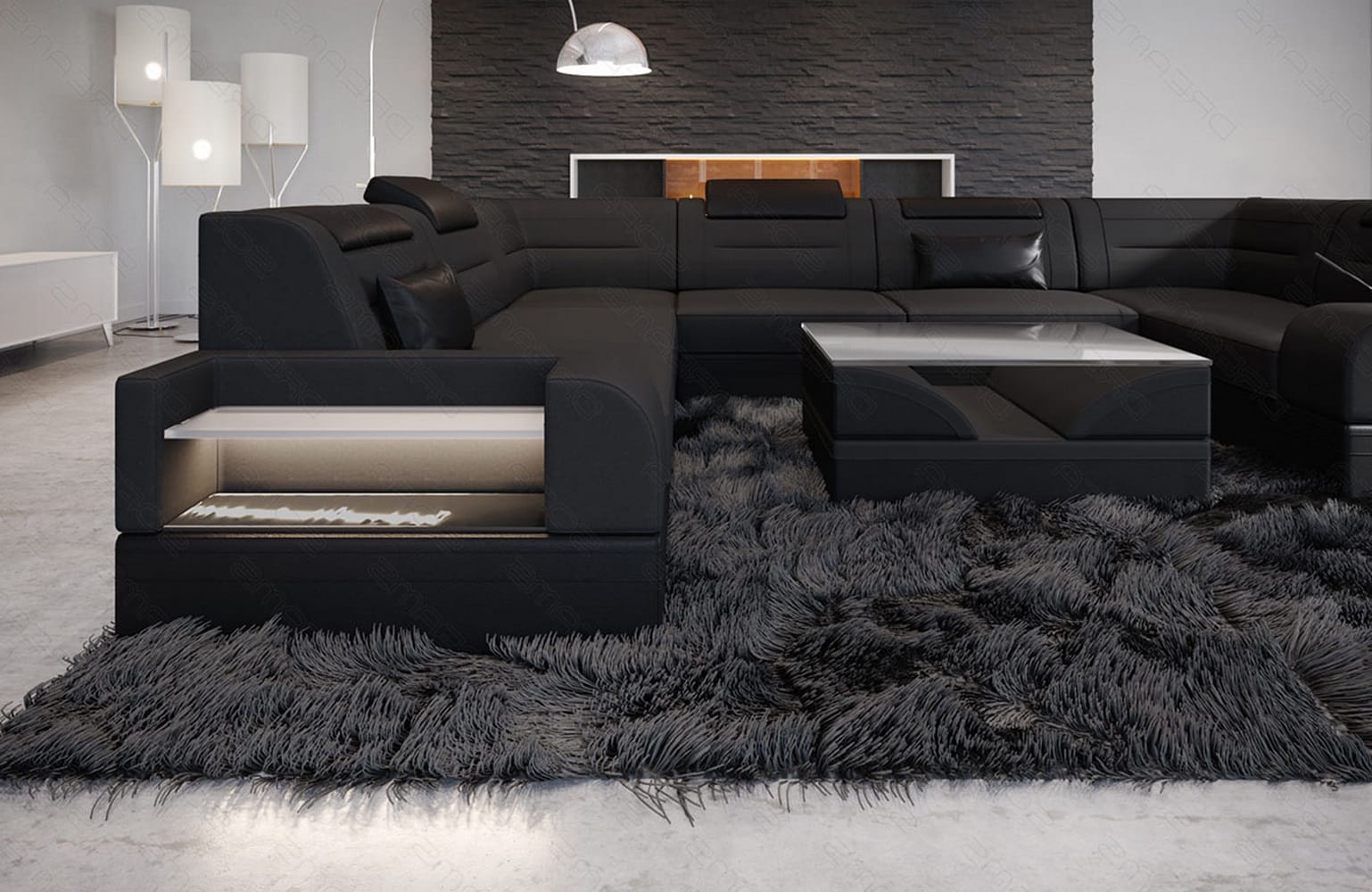 Wohnlandschaft Trivento U-Form aus Stoff Dunkelgrau-Schwarz
