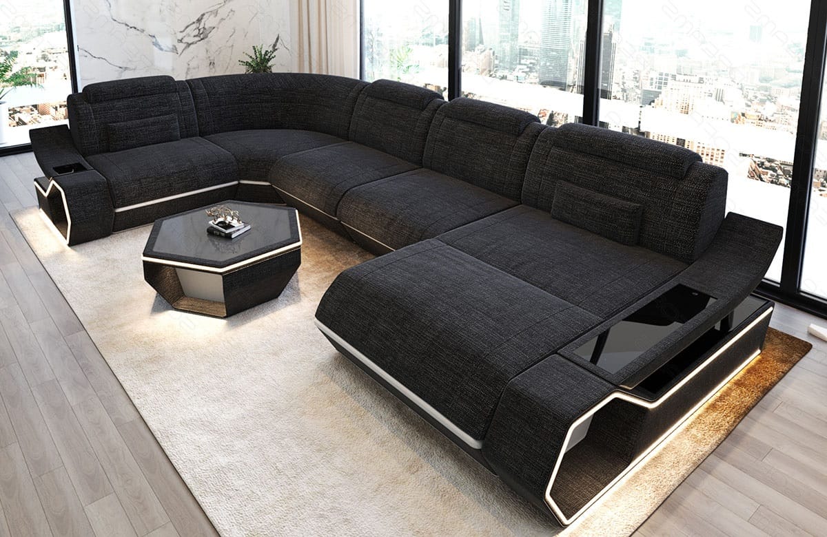 Wohnlandschaft Toscano U-Form aus Stoff Schwarzgrau-Weiß