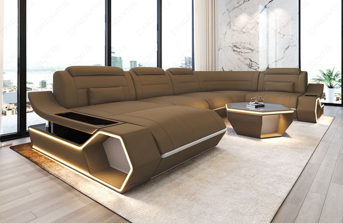 Wohnlandschaft Toscano U-Form aus Stoff Cappuccino-Weiß