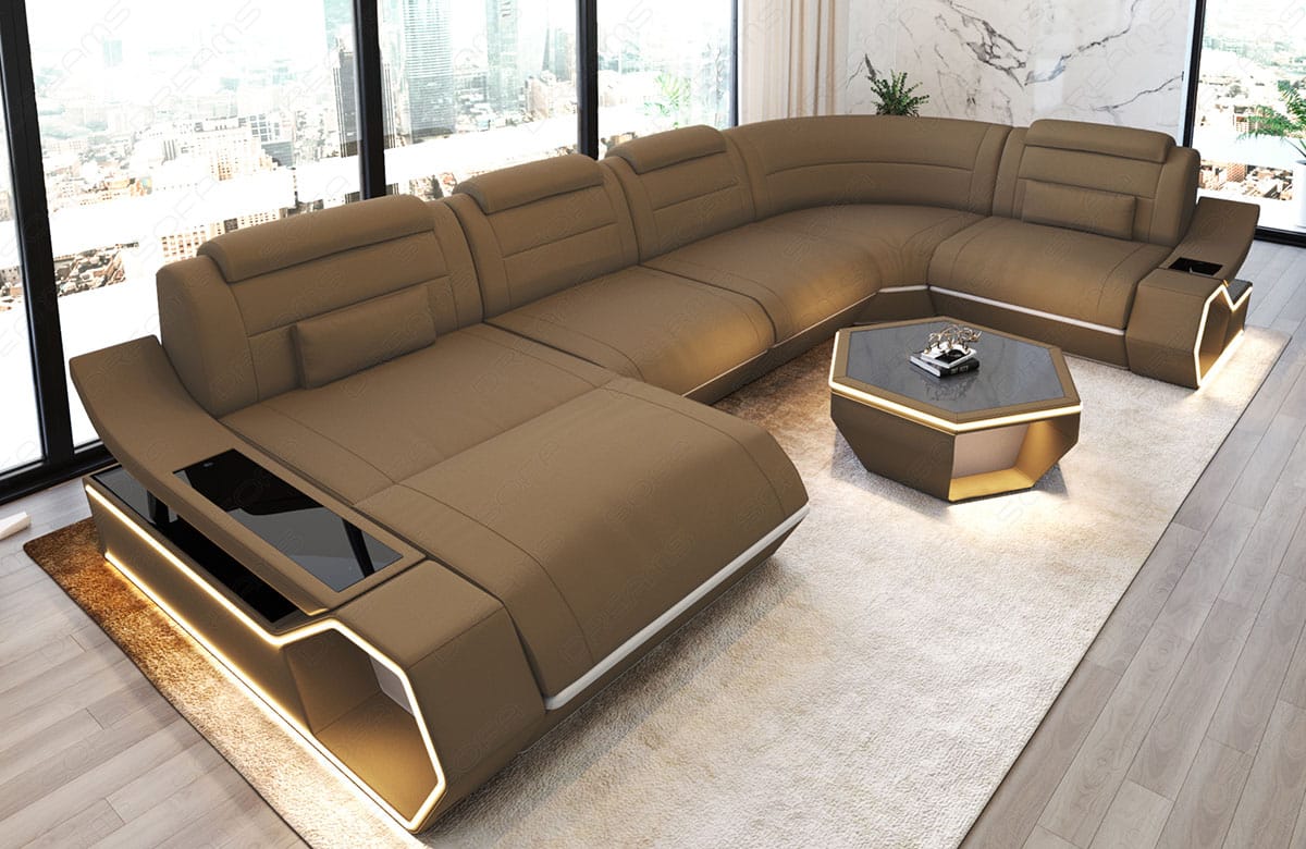 Wohnlandschaft Toscano U-Form aus Stoff Cappuccino-Weiß