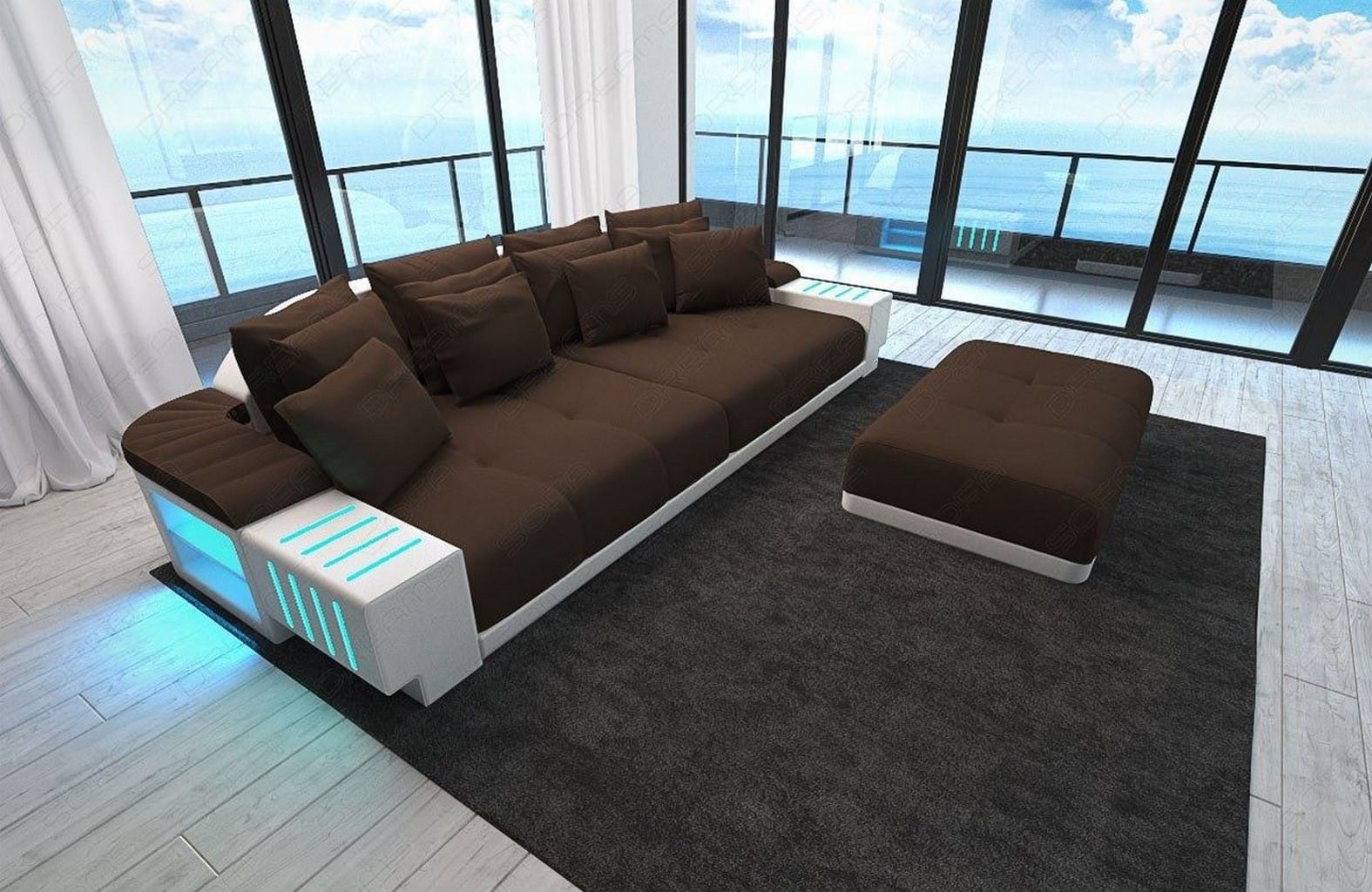 Big Sofa Bellagio im modernen Stoffbezug Dunkelbraun-Weiß