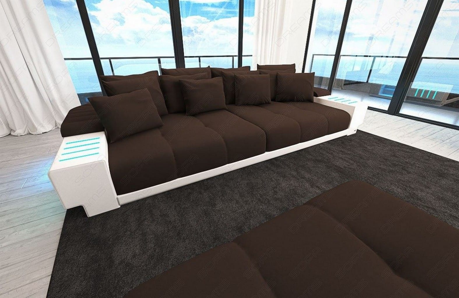 Big Sofa Bellagio im modernen Stoffbezug Dunkelbraun-Weiß