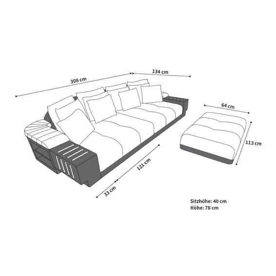 Big Sofa Bellagio im modernen Stoffbezug Dunkelbraun-Weiß