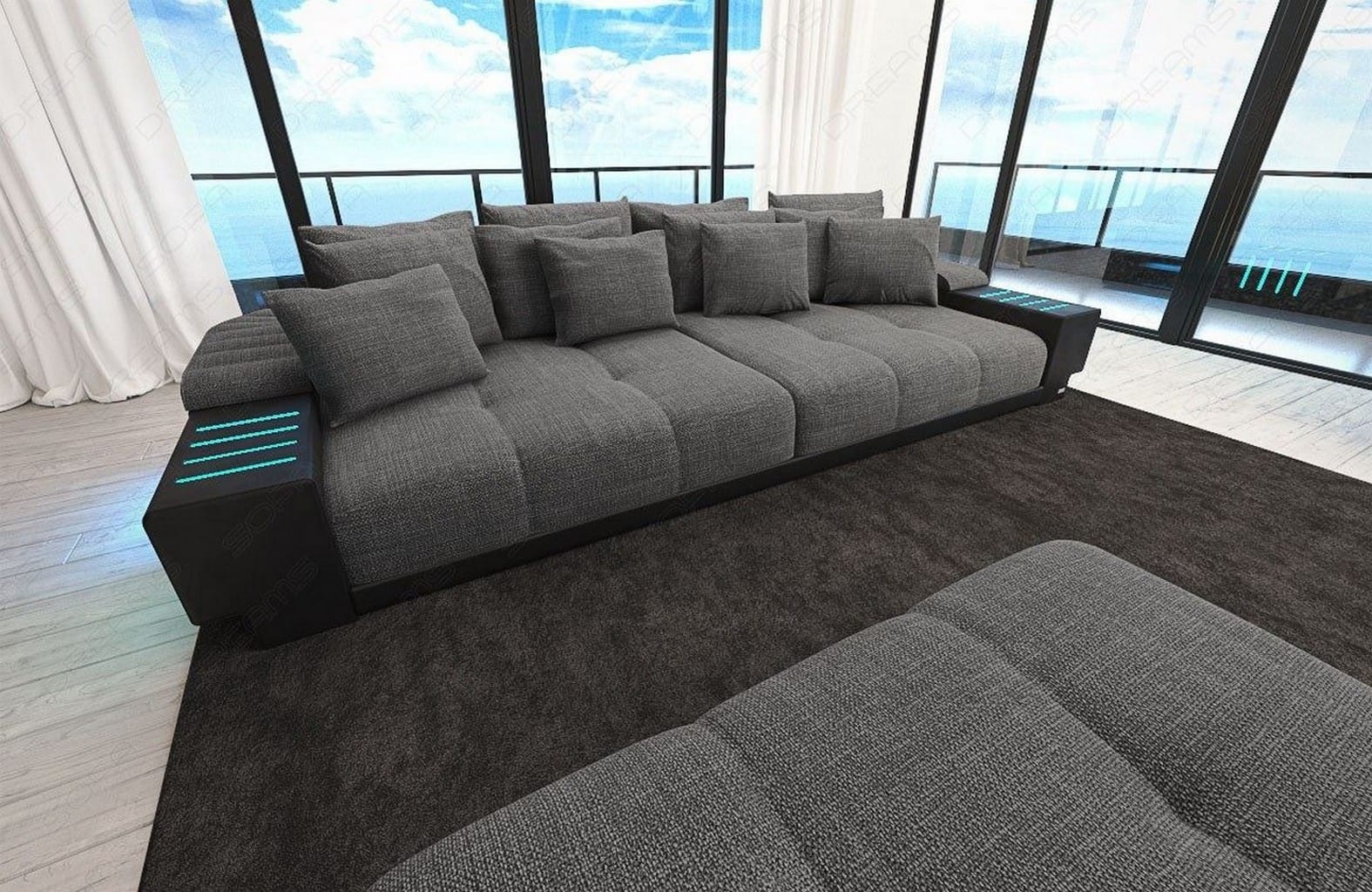 Big Sofa Bellagio im modernen Stoffbezug Grau-Schwarz