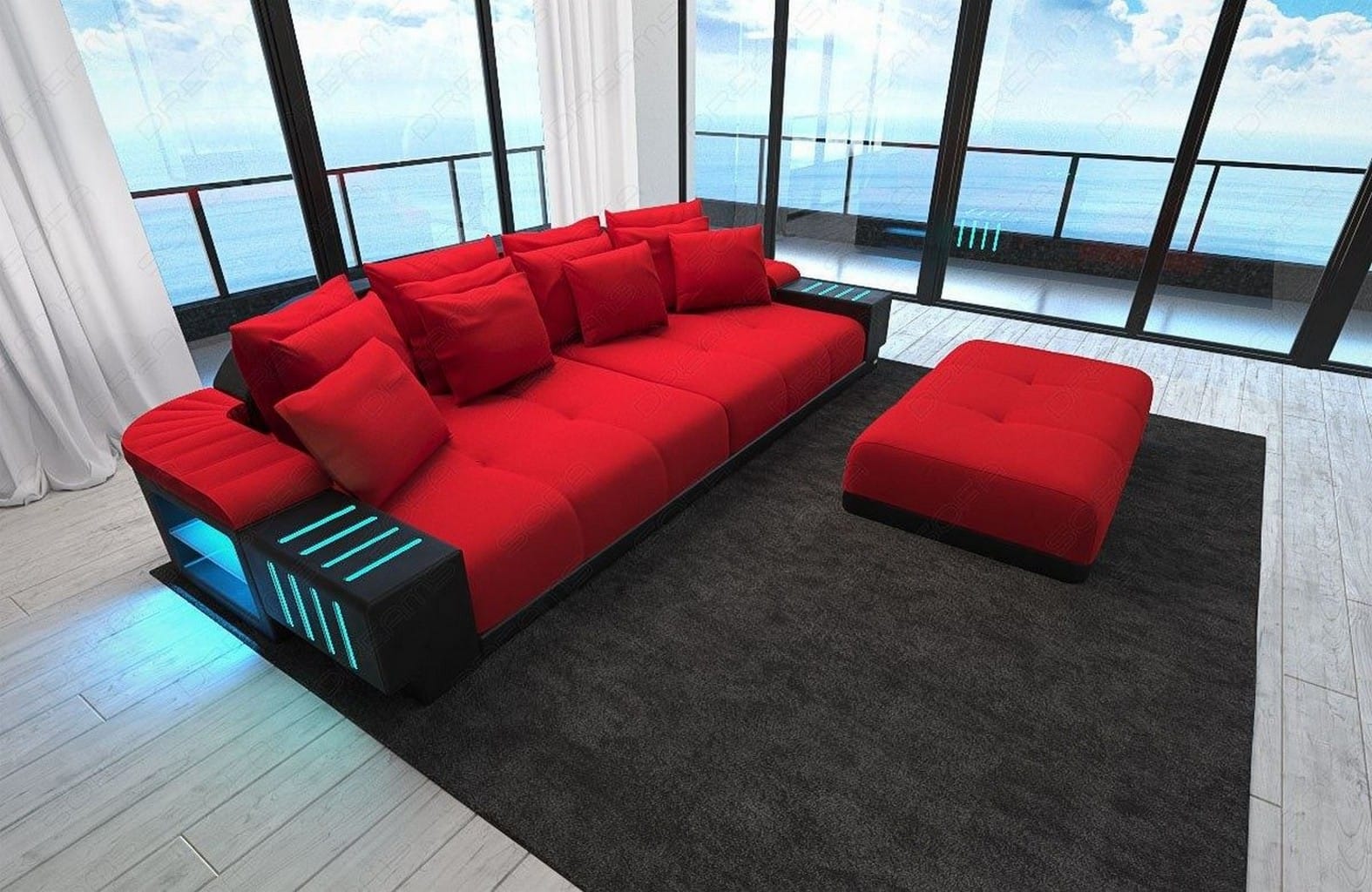 Big Sofa Bellagio im modernen Stoffbezug Rot-Schwarz