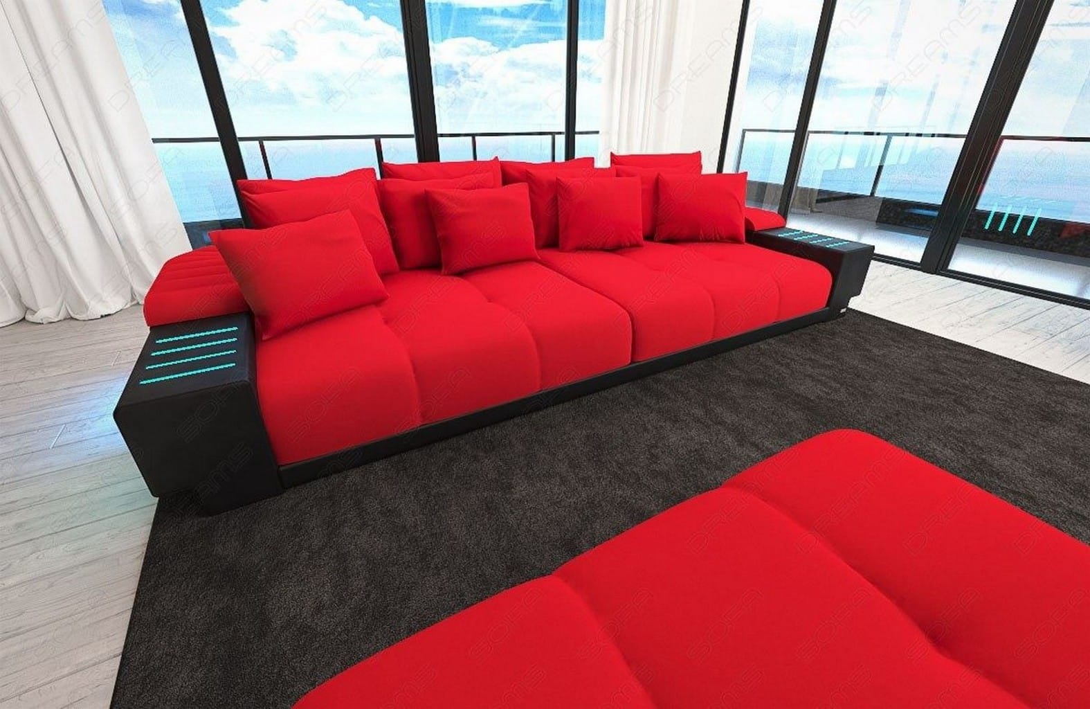 Big Sofa Bellagio im modernen Stoffbezug Rot-Schwarz