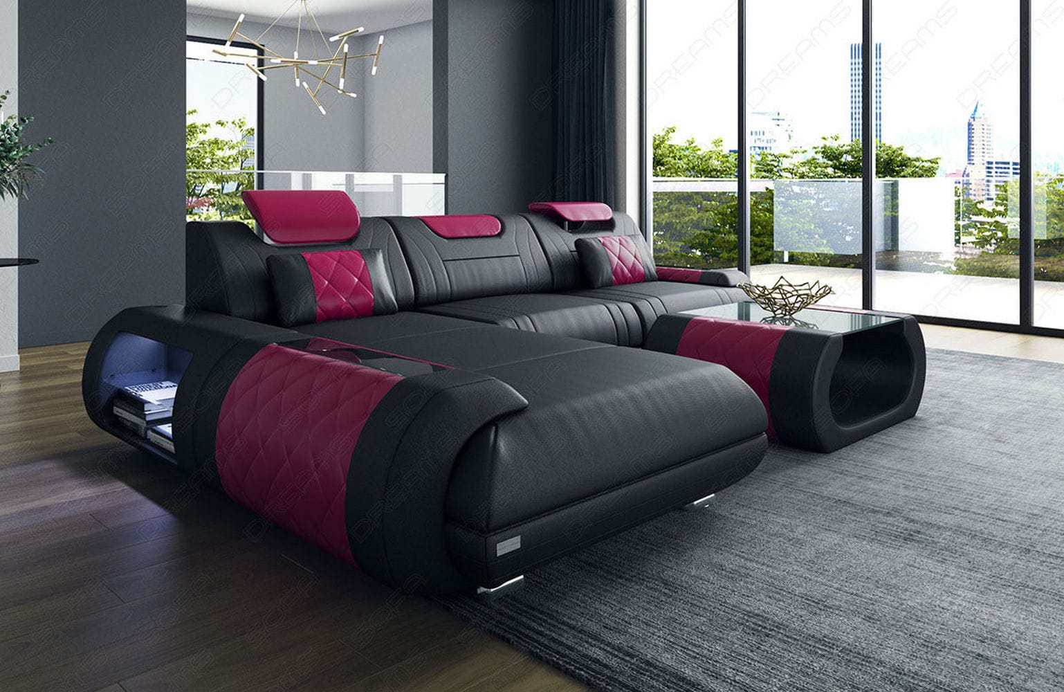 Ecksofa Rimini – Leder, Modern und Komfortabel schwarz-pink