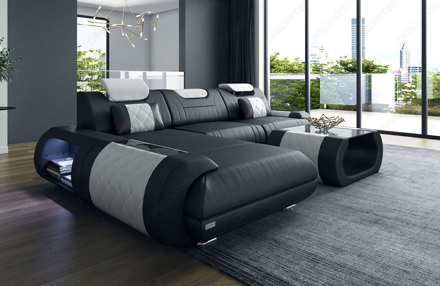 Ecksofa Rimini – Leder, Modern und Komfortabel schwarz-weiß