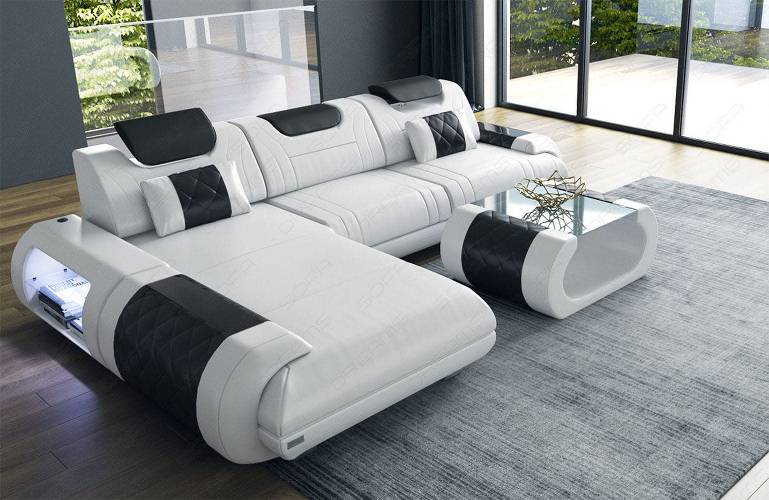 Ecksofa Rimini – Leder, Modern und Komfortabel weiß-schwarz