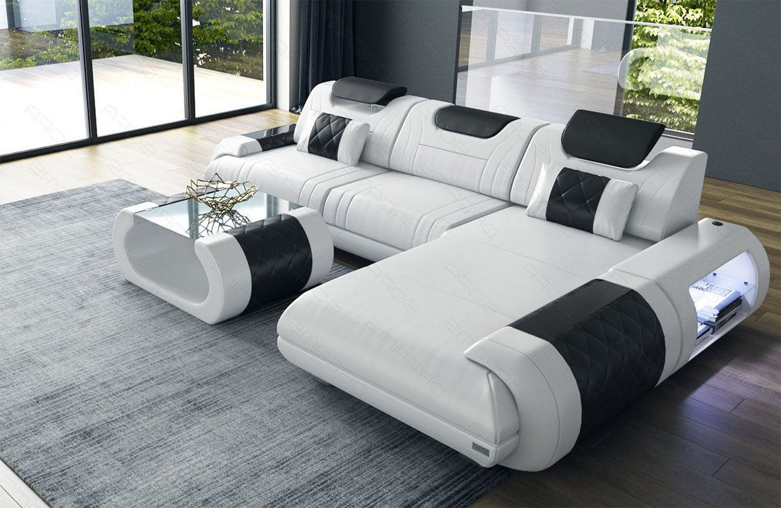 Ecksofa Rimini – Leder, Modern und Komfortabel weiß-schwarz