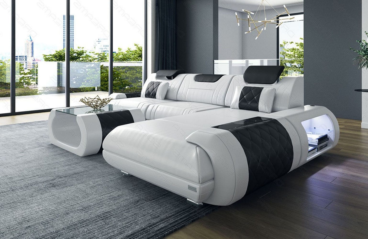 Ecksofa Rimini – Leder, Modern und Komfortabel weiß-schwarz
