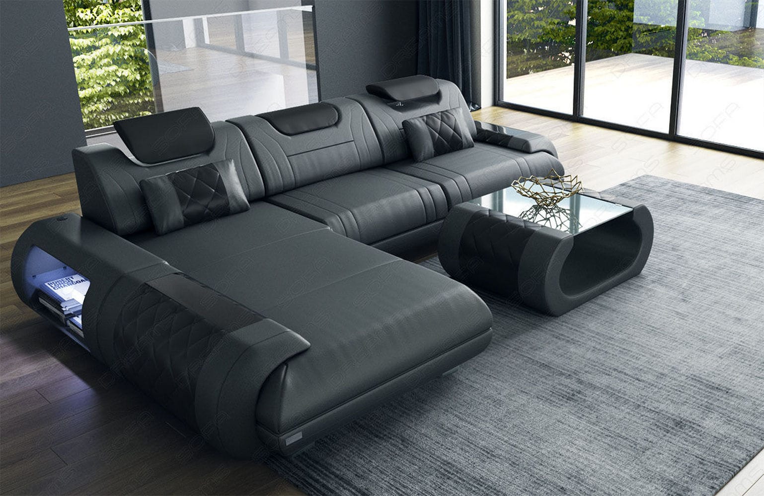 Ecksofa Rimini – Leder, Modern und Komfortabel grau-schwarz