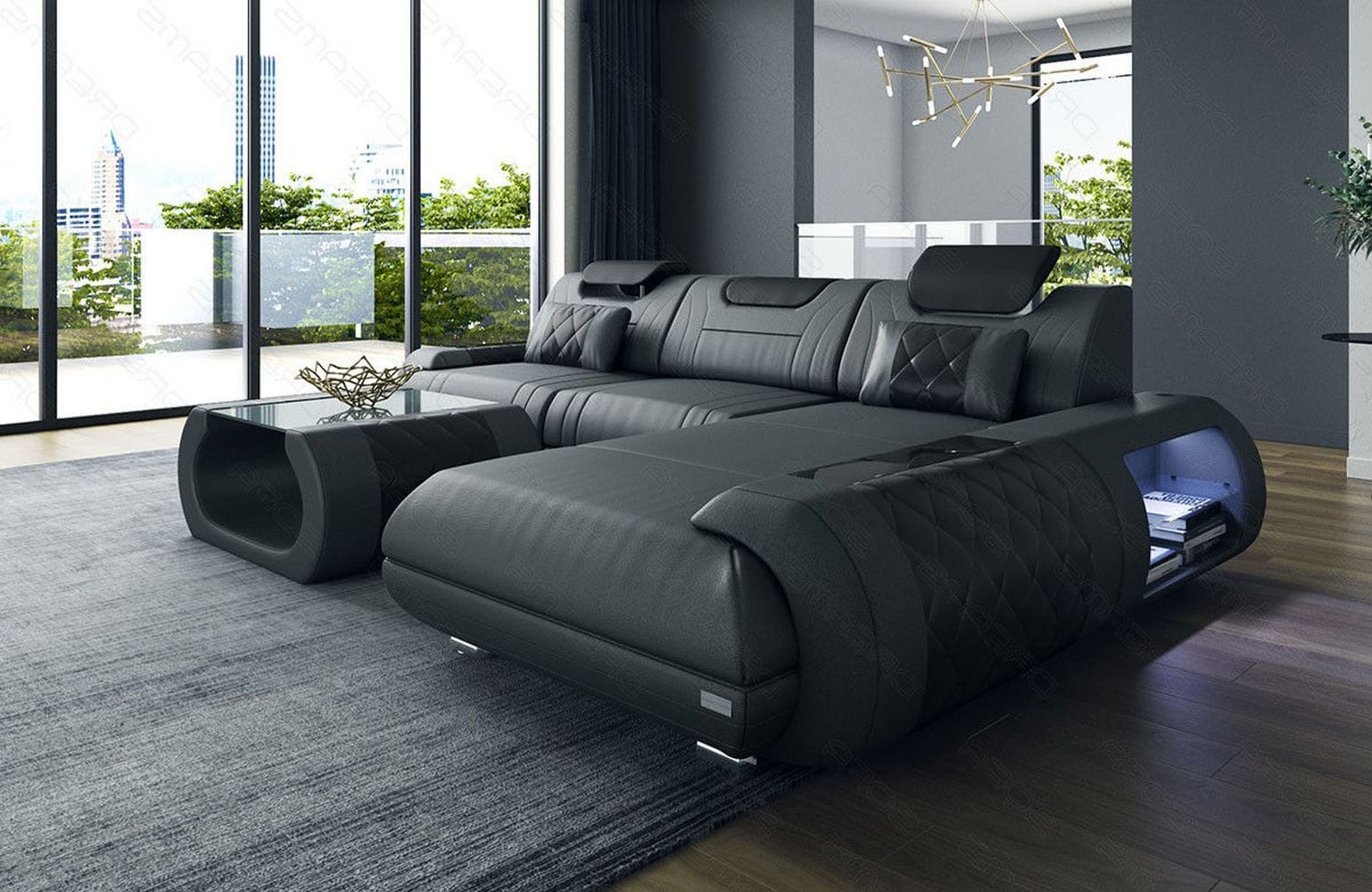 Ecksofa Rimini – Leder, Modern und Komfortabel grau-schwarz