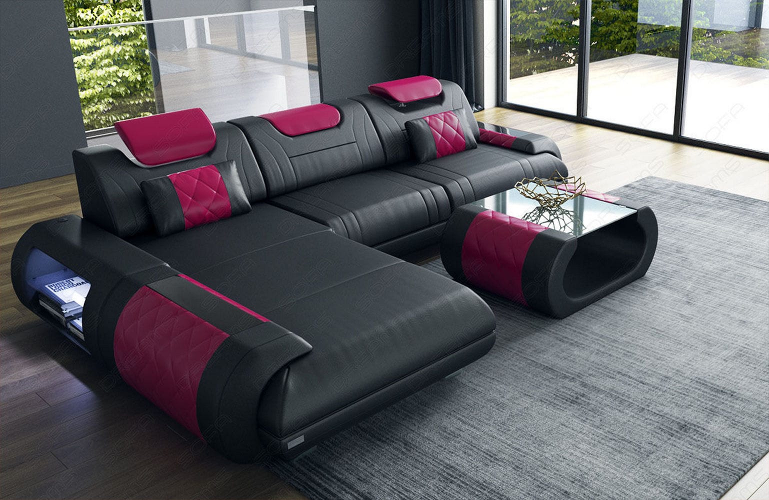Ecksofa Rimini – Leder, Modern und Komfortabel schwarz-pink