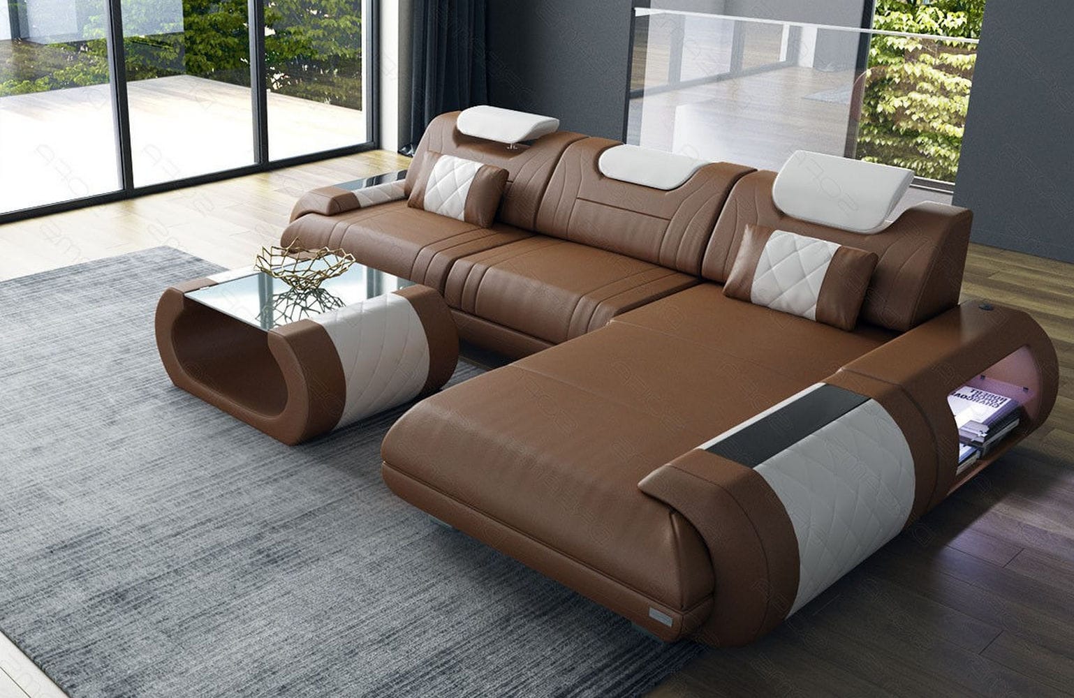 Ecksofa Rimini – Leder, Modern und Komfortabel dunkelbraun-weiß