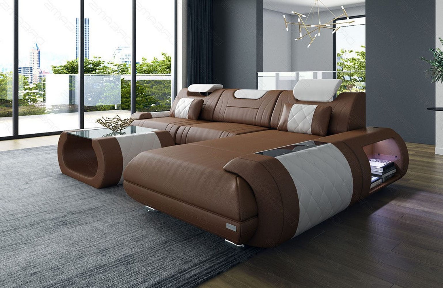 Ecksofa Rimini – Leder, Modern und Komfortabel dunkelbraun-weiß