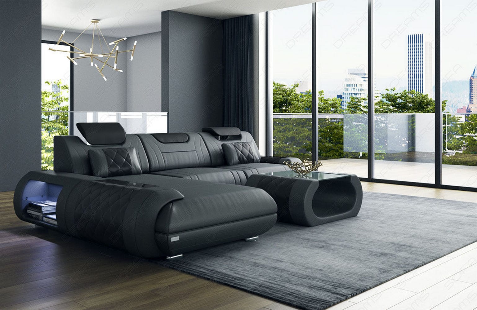 Ecksofa Rimini – Leder, Modern und Komfortabel grau-schwarz