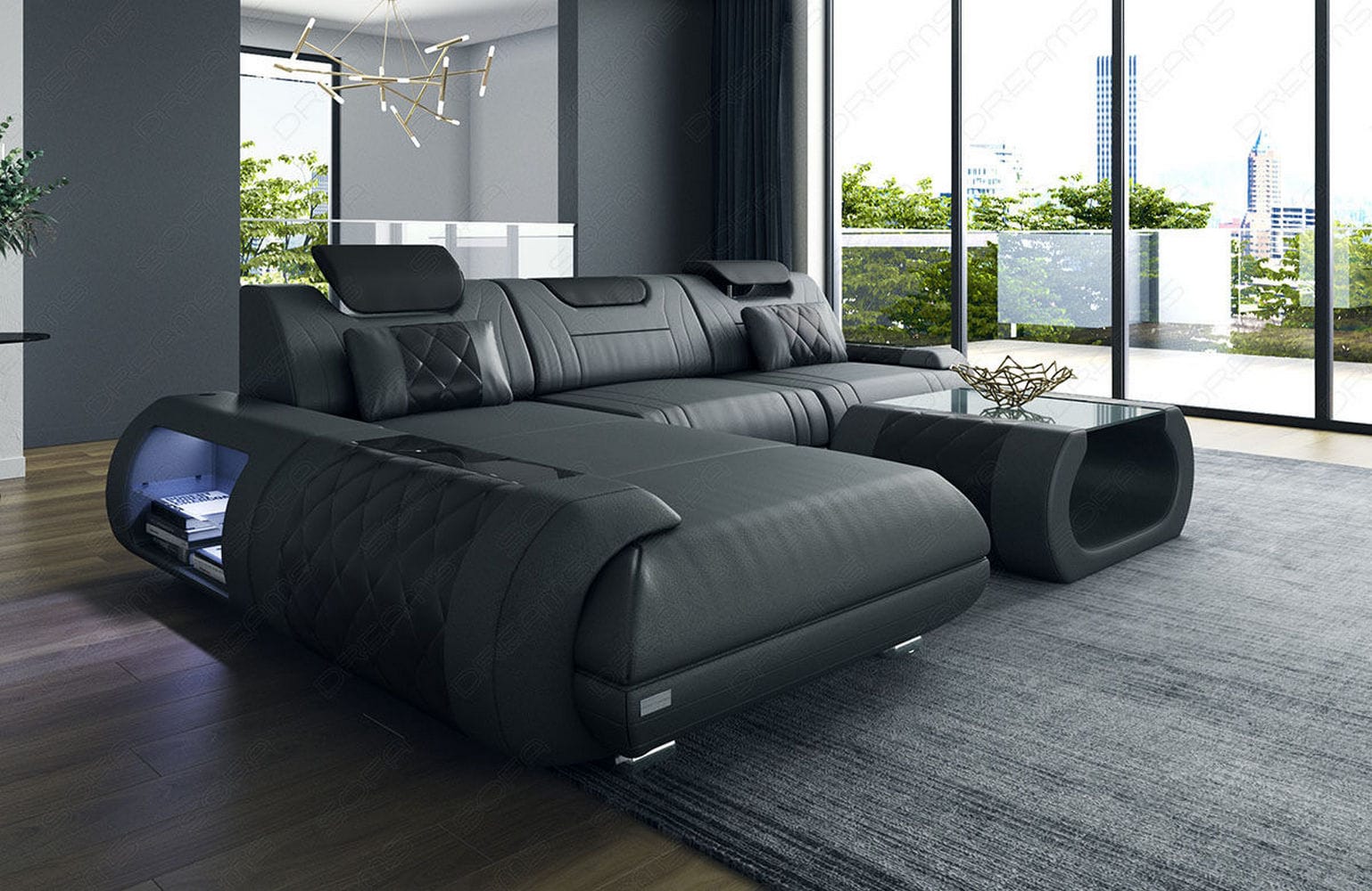 Ecksofa Rimini – Leder, Modern und Komfortabel grau-schwarz