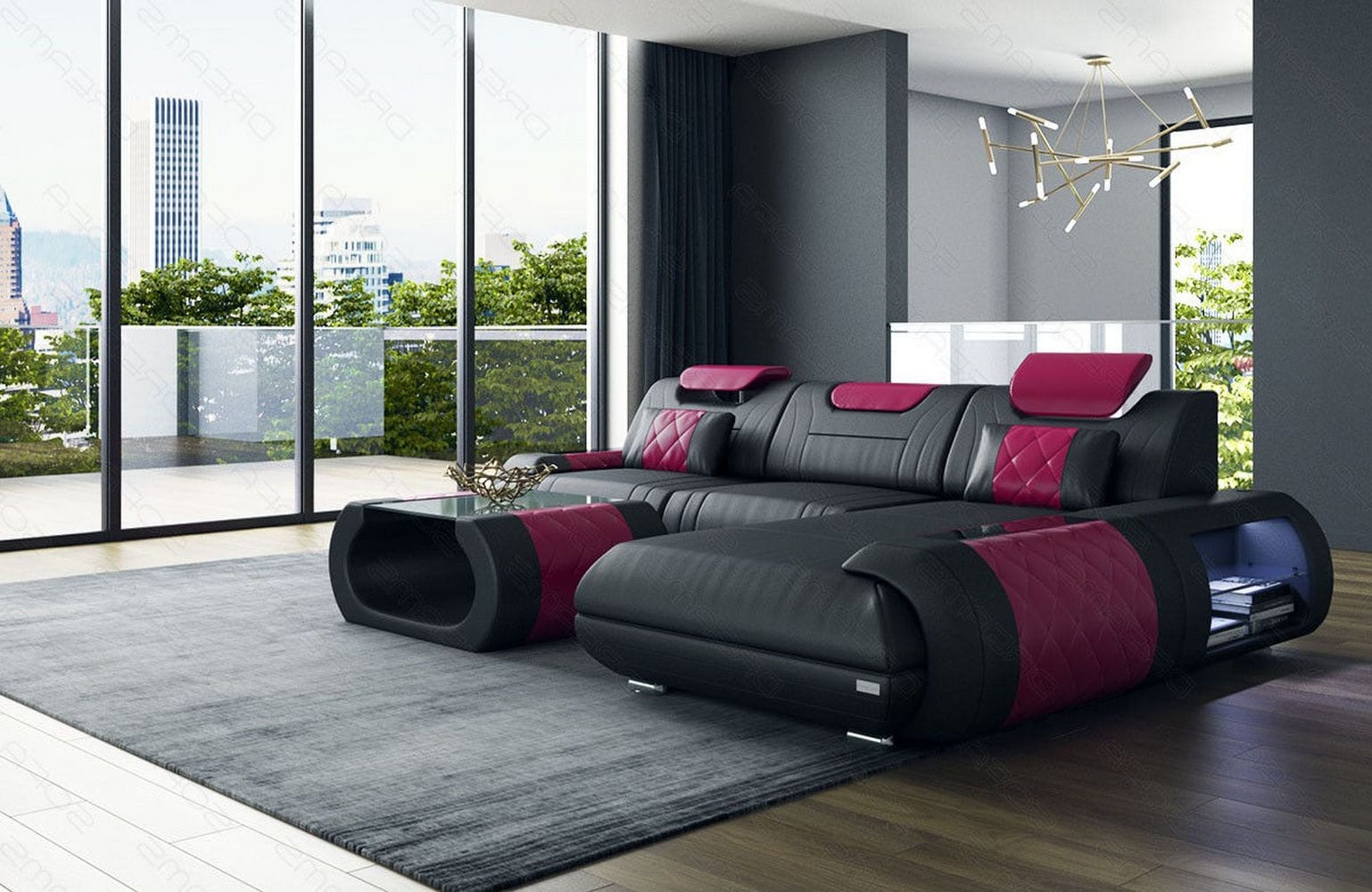 Ecksofa Rimini – Leder, Modern und Komfortabel schwarz-pink
