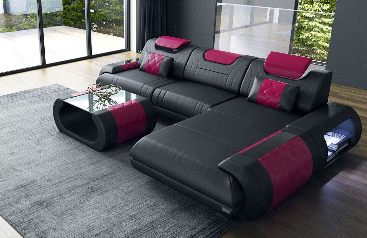 Ecksofa Rimini – Leder, Modern und Komfortabel schwarz-pink