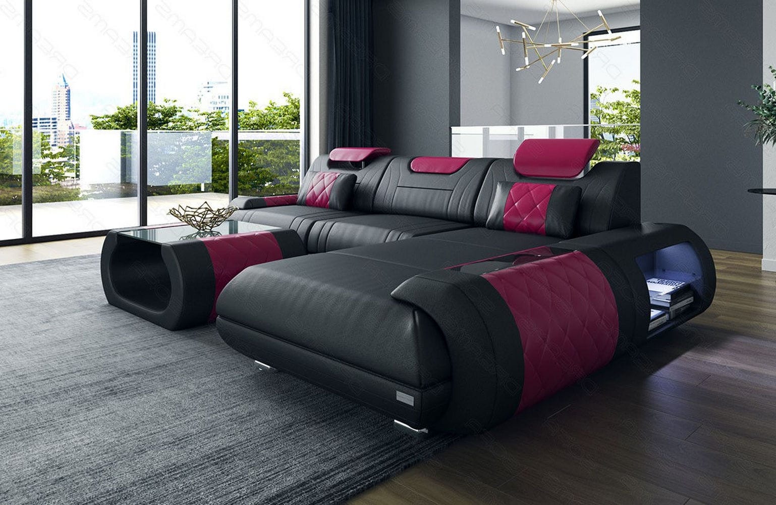 Ecksofa Rimini – Leder, Modern und Komfortabel schwarz-pink