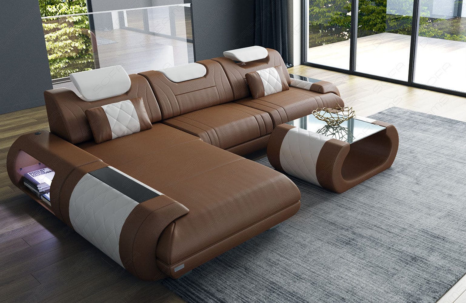 Ecksofa Rimini – Leder, Modern und Komfortabel dunkelbraun-weiß