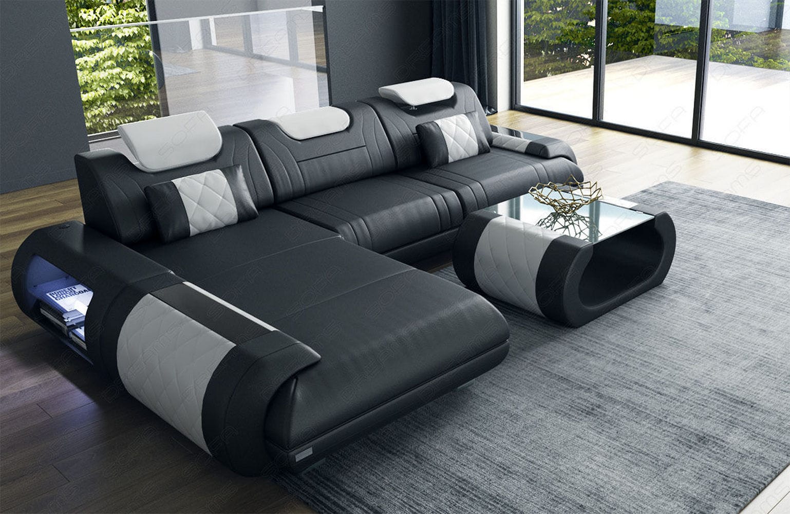 Ecksofa Rimini – Leder, Modern und Komfortabel schwarz-weiß