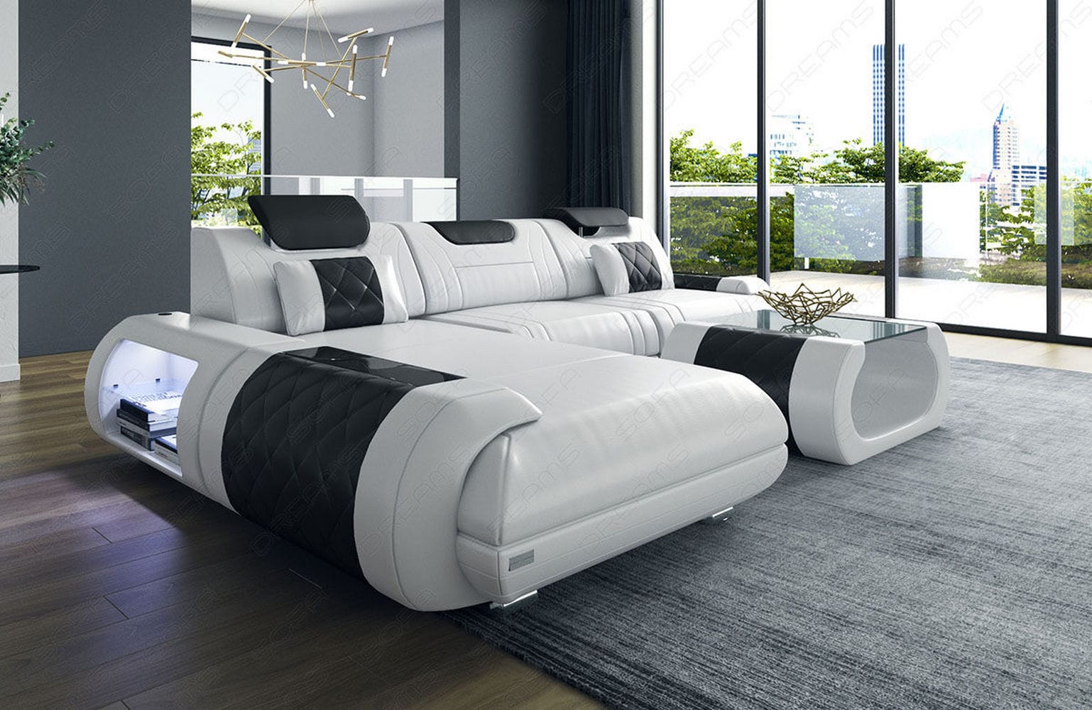 Ecksofa Rimini – Leder, Modern und Komfortabel weiß-schwarz