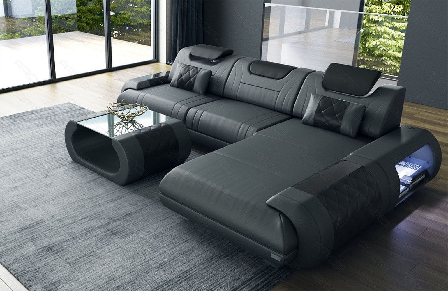Ecksofa Rimini – Leder, Modern und Komfortabel grau-schwarz