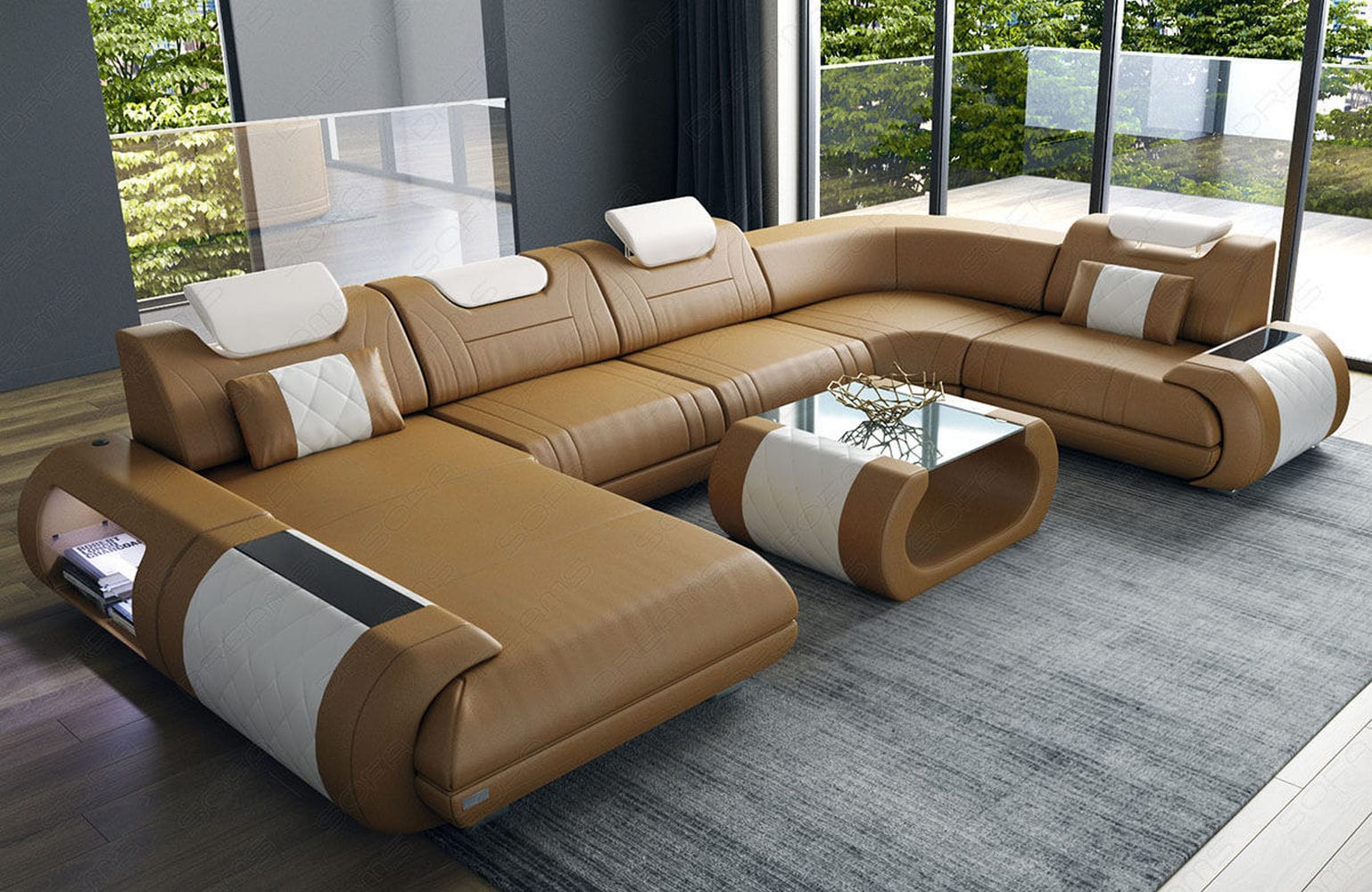 Leder Wohnlandschaft Rimini – Modern und Komfortabel sandbeige-weiß