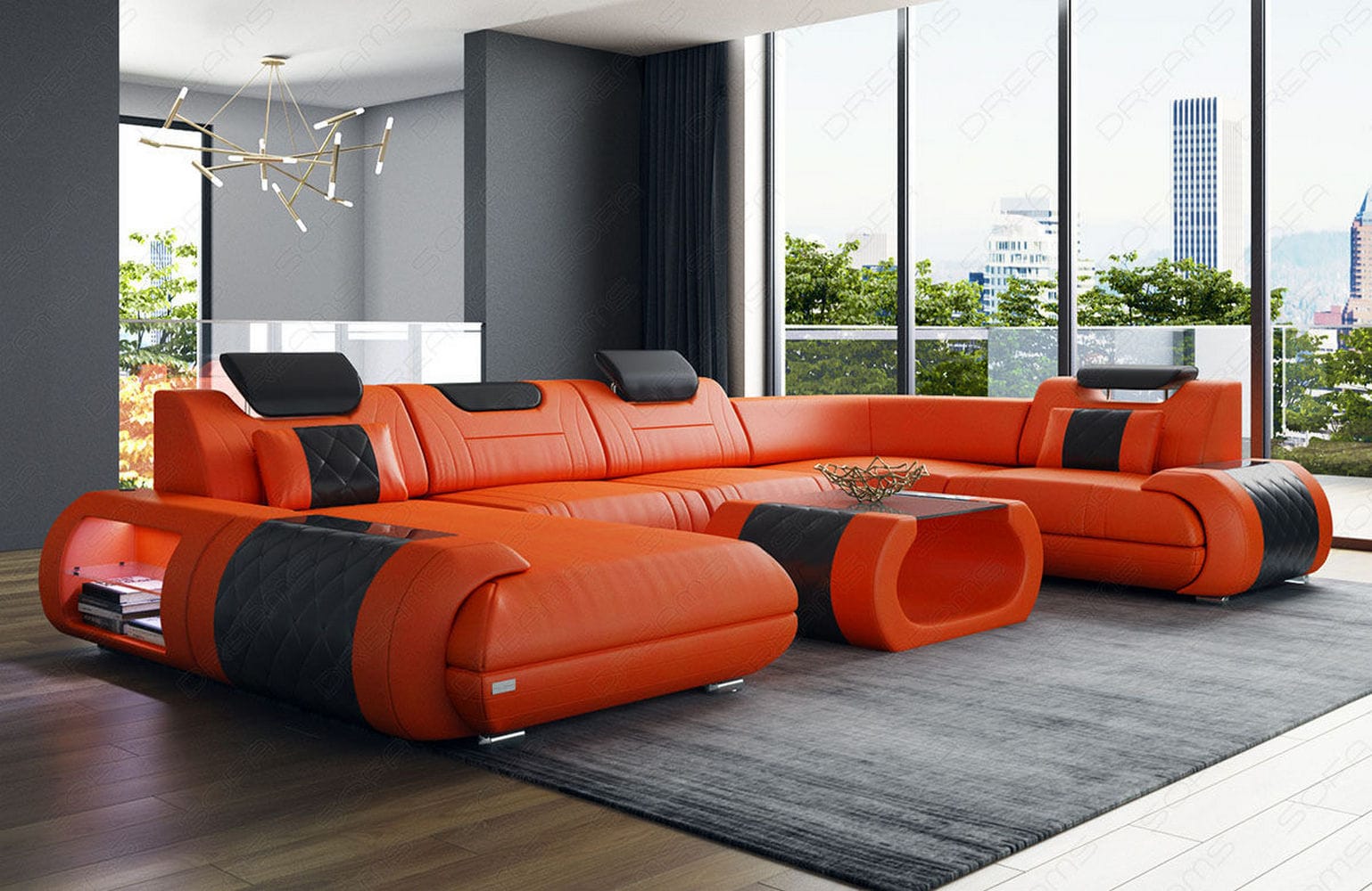 Leder Wohnlandschaft Rimini – Modern und Komfortabel orange-schwarz